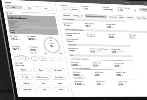 A graphical user interface screenshot displaying various elements of an application, including a home screen with numerical values and options such as "Operation Normal," "Sync Mode," and "Power On." The interface shows data points, settings for auto close, and other controls related to the application's functionality